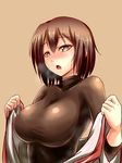  breasts brown_eyes brown_hair hair_between_eyes hyuuga_(kantai_collection) japanese_clothes kantai_collection large_breasts looking_at_viewer nontraditional_miko open_mouth saboten_teishoku short_hair skin_tight solo sweat undershirt undressing upper_body 