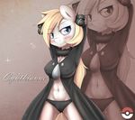  anthro arms_behind_head aryanne aryanne_(character) bedroom_eyes blonde_hair blue_eyes blush cleavage clothed clothing crossover cynthia equine fan_character female fur hair horse long_hair looking_at_viewer mammal my_little_pony navel nintendo panties pok&eacute;mon pony smile solo standing text underwear video_games white_fur 