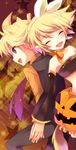  1girl bare_shoulders blonde_hair blush brother_and_sister closed_eyes detached_sleeves jack-o'-lantern kagamine_len kagamine_rin open_mouth ponjiritsu short_hair siblings smile star vocaloid 