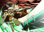  belt beltbra blonde_hair breasts cape dark_skin guilty_gear guilty_gear_xrd hat highres large_breasts long_hair orange_eyes ramlethal_valentine short_shorts shorts solo sword uganda underboob weapon 