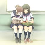  arm_holding brown_hair cellphone ground_vehicle holding holding_phone hypkirby leaning_on_person leaning_over looking_at_phone multiple_girls original phone school_uniform serafuku sitting skirt sleeping texting train train_interior yuri 