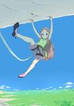  aoba_kokona bare_arms belt_pouch blue_sky brown_hair camisole climbing day hanging highres keisan landscape long_hair outdoors pouch red_eyes rock_climbing short_hair sky sleeveless smile solo tank_top yama_no_susume 