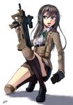  assault_rifle black_hair blue_eyes bullpup dreadtie gloves gun headset highres holding holding_gun holding_weapon knee_pads kneehighs long_hair looking_to_the_side magazine_(weapon) one_knee open_mouth original rifle school_uniform scope skirt solo thigh_strap trigger_discipline weapon 