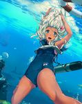  blonde_hair blue_eyes crop_top flower hair_flower hair_ornament highres kantai_collection lifebuoy long_hair one-piece_swimsuit pekoneko ro-500_(kantai_collection) sailor_collar school_swimsuit swimsuit tan tanline torpedo underwater 