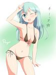  bikini blue_eyes blue_hair blush deego_(omochi_bazooka) kantai_collection long_hair looking_at_viewer one_eye_closed open_mouth smile solo suzuya_(kantai_collection) swimsuit translated 