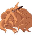  anthro balls barazoku canine fox kurama looking_down mammal muscles naruto nsfwolff nude plain_background sheath sitting solo teeth white_background 