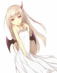  bat_wings beta_x breasts camisole dress hair_ribbon head_tilt highres horn long_hair looking_at_viewer original purple_eyes ribbon silver_hair simple_background small_breasts smile solo white_background white_dress wings 