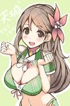  :d amagi_(kantai_collection) bad_id bad_pixiv_id blush breasts brown_eyes brown_hair character_name cleavage flower hair_flower hair_ornament kantai_collection large_breasts long_hair mole mole_under_eye open_mouth ponytail popo_(java_sparrow_512) smile solo translation_request 