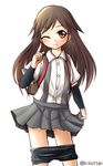  arashio_(kantai_collection) arm_warmers bike_shorts brown_eyes brown_hair kantai_collection long_hair looking_at_viewer one_eye_closed pants_down pleated_skirt school_uniform skirt smile solo suspenders twitter_username yoshizawa_hikoto 