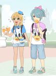  amusement_park bad_id bad_pixiv_id blonde_hair blue_hair blush bow brown_eyes daisy_duck disney disneyland donald_duck full_body green_eyes hair_bow hair_over_one_eye hat holding_hands inazuma_eleven inazuma_eleven_(series) kazemaru_ichirouta long_hair male_focus miyasaka_ryou multiple_boys open_mouth otoko_no_ko ponytail sailor_hat shoes short_shorts shorts sneakers sparkle tomo_(sjim) 