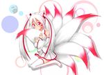  animal_ears beta_x detached_sleeves facial_mark fox_ears fox_tail hair_ornament hatsune_miku highres kemonomimi_mode long_hair looking_at_viewer multicolored_hair multiple_tails pleated_skirt red_eyes sitting skirt smile solo tail tail_hug thighhighs twintails two-tone_hair vocaloid wariza white_hair white_legwear zettai_ryouiki 
