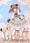  absurdres ahoge brown_hair closed_umbrella dress frilled_dress frills green_eyes highres holding horns lolita_fashion looking_at_viewer north_abyssor original pantyhose parasol planted_umbrella sheep sheep_horns shoes smile solo twintails umbrella white_legwear 