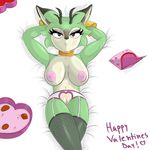  anthro breasts cervine chocolate clove_the_pronghorn collar deer devilbluedragon_(artist) female fishnet garterbelt gloves green_skin holidays lying mammal nipples nude on_back pronghorn purple_eyes pussy seductive sega solo sonic_(series) valentine&#039;s_day 