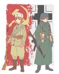  2girls boots coat cross double-breasted earflap_hat expressionless fur_hat green_eyes hammer_and_sickle hat helmet highres military military_uniform misaka_mikoto mosin_nagant multiple_girls orange_hair pouch standing stg44 to_aru_majutsu_no_index uniform ushanka weapon 