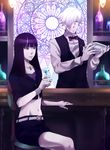  1girl bangs bar belt black_hair blue_eyes bottle bow bowtie cocktail_glass cocktail_shaker cup death_parade decim_(death_parade) drinking_glass hair_over_one_eye highres jewelry kankei_(asw9510) kurokami_no_onna lips long_hair midriff miniskirt navel necklace pendant purple_eyes sitting skirt stained_glass white_hair wine_bottle 