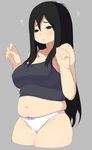 1girl ? accho_(macchonburike) artist_request bare_shoulders belly black_eyes black_hair blush breasts bust camisole cleavage female hands_up large_breasts long_hair midriff navel panties parted_lips plump question_mark simple_background solo thick thick_thighs underwear upper_body white_panties 