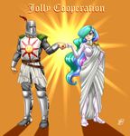  armor big_breasts breasts clothed clothing crossover crown dark_souls dress duo ear_piercing feather female friendship_is_magic hair human humanized knight long_hair male mammal multicolored_hair my_little_pony pia-sama piercing pink_eyes princess princess_celestia_(mlp) royalty solaire_of_astora tiara video_games 