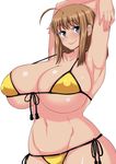  arms_behind_head bikini blue_eyes blush breasts brown_hair cleavage curvy earrings huge_breasts jewelry komusou_(jinrikisha) long_hair navel ooba_minori original shiny shiny_skin simple_background smile solo strap_gap string_bikini swimsuit white_background yellow_bikini 