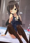  asashio_(kantai_collection) bad_id bad_pixiv_id banned_artist black_hair blue_eyes bottle detached_sleeves kantai_collection long_hair one-piece_swimsuit one_eye_closed open_mouth school_swimsuit sitting swimsuit thighhighs water_bottle wet yopan_danshaku 