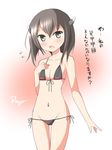  bikini blush brown_eyes brown_hair deego_(omochi_bazooka) hair_between_eyes kantai_collection looking_at_viewer open_mouth short_hair solo swimsuit taihou_(kantai_collection) translation_request 