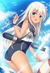  :d bird blue_eyes blue_sky cloud day innertube kantai_collection leaning_forward long_hair looking_at_viewer one-piece_swimsuit open_mouth ro-500_(kantai_collection) school_swimsuit school_uniform seagull serafuku silver_hair sky smile solo swimsuit swimsuit_under_clothes tan tanline tomoo_(tomo) torpedo 