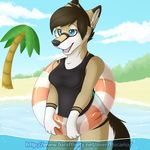  2015 anthro beach blue_eyes breasts canine clothed clothing female float fur hair invalid_tag looking_at_viewer mammal one-piece_swimsuit open_mouth outside plant sand seaside shine_the_drolf smile solo swimming swimsuit tree water wolf 