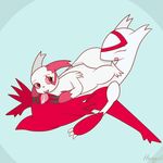  2015 claws dragon duo eyelashes eyes_closed female feral fur hesyph_(artist) latias legendary_pok&eacute;mon lesbian looking_back lying mammal nintendo nude open_mouth plain_background pok&eacute;mon pussy pussy_juice shadow smile teeth video_games white_fur wings zangoose 