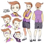  :d ^_^ black_shorts brown_eyes brown_hair character_sheet chibi_maruko-chan closed_eyes hanawa_kazuhiko hand_on_own_chin male_focus necktie open_mouth pointing pop_kyun purple_vest shirt shorts simple_background smile socks sweat vest white_background white_legwear yellow_shirt 