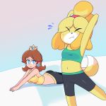  2019 animal_crossing anthro blue_eyes blush boxf breasts brown_hair butt canine clothing crown dog duo ear_piercing eyes_closed female frown fur gym_clothes hair hi_res human isabelle_(animal_crossing) lying mammal mario_bros midriff navel nintendo on_front piercing princess_daisy shih_tzu shorts standing stretching super_smash_bros._ultimate video_games yellow_fur 