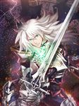  armor balmung_(fate/apocrypha) cape fate/apocrypha fate_(series) green_eyes inanna123 long_hair male_focus siegfried_(fate) solo sword weapon white_hair 