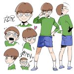  3_3 blue_footwear blush brown_hair character_sheet chibi_maruko-chan glasses heart holding holding_eyewear index_finger_raised laughing male_focus maruo_sueo pointing pointing_up pop_kyun round_eyewear shoes shorts simple_background smile socks tears white_background white_legwear 