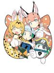  ;d animal_ears belt blonde_hair blue_eyes blue_vest blush bow bowtie caracal_(kemono_friends) caracal_ears caracal_tail elbow_gloves extra_ears eyebrows_visible_through_hair gloves green_hair hat_feather high-waist_skirt holding impossible_clothes impossible_shirt japari_symbol kemono_friends kyururu_(kemono_friends) looking_at_viewer naitou_ryuu official_art one_eye_closed open_mouth print_gloves print_neckwear print_skirt serval_(kemono_friends) serval_ears serval_print serval_tail shirt sidelocks sketchbook skirt sleeveless sleeveless_shirt smile tail vest white_background white_gloves yellow_eyes yellow_gloves yellow_neckwear yellow_skirt 