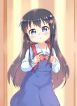  1girl backpack bag black_hair blue_dress blue_eyes blush child commentary_request dress garun_wattanawessako highres long_hair randoseru shirosaki_hana solo watashi_ni_tenshi_ga_maiorita! 