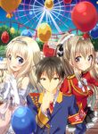  2girls aiguillette amagi_brilliant_park armband balloon blonde_hair blue_eyes brown_eyes brown_hair elbow_gloves ferris_wheel gloves hakumensu hand_on_own_chin hands_together jewelry kanie_seiya latifa_fleuranza long_hair looking_at_viewer multiple_girls open_mouth ponytail sento_isuzu skirt smile tiara uniform 