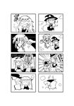  4koma baozi big_dipper braid broom broom_riding closed_eyes comic food greyscale hat highres hokuto_no_ken hong_meiling ice kirisame_marisa kunitori long_hair monochrome multiple_girls open_mouth shovel silent_comic smile surprised touhou twin_braids witch_hat 