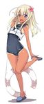  :d ahoge blonde_hair blue_eyes blush covered_navel flower hair_flower hair_ornament heart ippongui kantai_collection lifebuoy long_hair looking_at_viewer one-piece_swimsuit open_mouth ro-500_(kantai_collection) sailor_collar school_swimsuit school_uniform serafuku simple_background slippers smile solo swimsuit swimsuit_under_clothes tan tanline v white_background 