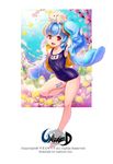  2015 air_bubble blue_hair bubble cloud collarbone ecell flower horns looking_at_viewer one-piece_swimsuit open_mouth petals red_eyes school_swimsuit sheep short_hair solo standing standing_on_one_leg swimsuit unleashed 