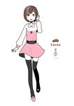  1-tuka 1girl :d artist_name black_legwear brown_eyes daihatsu dress english full_body grin long_sleeves looking_at_viewer open_mouth original personification polka_dot short_hair_brown_hair simple_background smile solo standing thighhighs white_background 