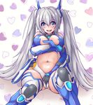  1girl bare_shoulders blue_eyes blush breast_hold breasts clothed_masturbation covering covering_crotch curvy fingering gloves happy heart highres large_breasts long_hair long_twintails looking_at_viewer masturbation navel navel_cutout open_mouth ore_twintail_ni_narimasu revealing_clothes silver_hair sitting smile solo stomach tail_blue tail_blue_(cosplay) tailblue twintails twoearle 