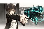  blush brown_eyes brown_hair dominator_(gun) gun holding holding_gun holding_weapon jacket long_sleeves nyoro_(nyoronyoro000) open_mouth outdoors outstretched_arms psycho-pass shirt short_hair solo tsunemori_akane weapon 