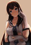  agano_(kantai_collection) akabane_rin blue_eyes breasts brown_hair cleavage elbow_gloves finger_to_head gloves kantai_collection large_breasts long_hair looking_at_viewer school_uniform serafuku smile solo torn_clothes torn_gloves 
