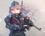  black_dress blue_eyes cropped_jacket daito dress fingerless_gloves garrison_cap gloves gun handgun hat holding holding_gun holding_weapon kantai_collection long_hair mauser_c96 military military_hat military_uniform pistol puffy_sleeves solo trigger_discipline u-511_(kantai_collection) uniform upper_body weapon white_hair 