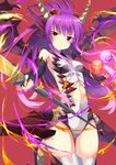  abusoru armor bare_shoulders black_gloves blush cowboy_shot darkness dragon_girl dragon_horns dragon_tail dragon_wings elbow_gloves fingerless_gloves fire gloves hair_ornament head_fins heterochromia highres holding horns leotard long_hair polearm purple_eyes purple_hair purple_wings puzzle_&amp;_dragons solo sonia_(p&amp;d) tail thigh_gap thighhighs weapon wings yellow_eyes 