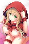  1girl areolae arms_up breasts brown_hair cape commentary_request garters green_eyes hands_on_head highres hood large_breasts little_red_riding_hood little_red_riding_hood_(grimm) long_hair naked_cape naked_hood nipples nude original puffy_nipples red_cape red_hood sitting solo tears 
