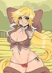  applejack arms_up blonde_hair breasts covered_nipples cowboy_hat cowboy_shot green_eyes grin hat hat_removed headwear_removed highres large_breasts long_hair lowleg lowleg_panties maniacpaint mouth_hold my_little_pony my_little_pony_friendship_is_magic navel_piercing panties personification piercing red_panties shirt side-tie_panties smile solo straw_(stalk) tied_shirt underwear very_long_hair 