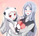  :d blue_eyes box dress gift gift_box heart-shaped_box horns hug i_b_b_e kantai_collection long_hair looking_at_viewer mittens multiple_girls northern_ocean_hime open_mouth pale_skin red_eyes school_uniform serafuku shinkaisei-kan silver_hair smile ta-class_battleship v-shaped_eyebrows white_dress white_hair 