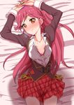  aikatsu! aikatsu!_(series) arms_up bed blush bow bra clearite dream_academy_uniform hair_bow long_hair looking_at_viewer lying on_back open_clothes open_shirt otoshiro_seira ponytail red_hair school_uniform shadow shirt skirt solo_focus sweatdrop underwear 