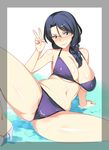  bikini black_eyes black_hair blush breasts embarrassed glasses gonou_hitomi large_breasts rail_wars! ryuuta_(msxtr) solo swimsuit v 