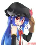  adapted_costume amano_kouki bare_shoulders blue_hair blush cabbie_hat detached_sleeves embarrassed flat_chest gloves hair_between_eyes hat highres hinanawi_tenshi long_hair open_mouth red_eyes shirt sleeveless sleeveless_shirt solo touhou white_shirt 