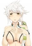  areolae asymmetrical_hair bare_shoulders bra braid breasts crop_top cupless_bra esuto hands_on_own_chest highres kantai_collection looking_at_viewer medium_breasts nipples open_mouth silver_hair single_braid solo underwear unryuu_(kantai_collection) upper_body wavy_hair yellow_eyes 